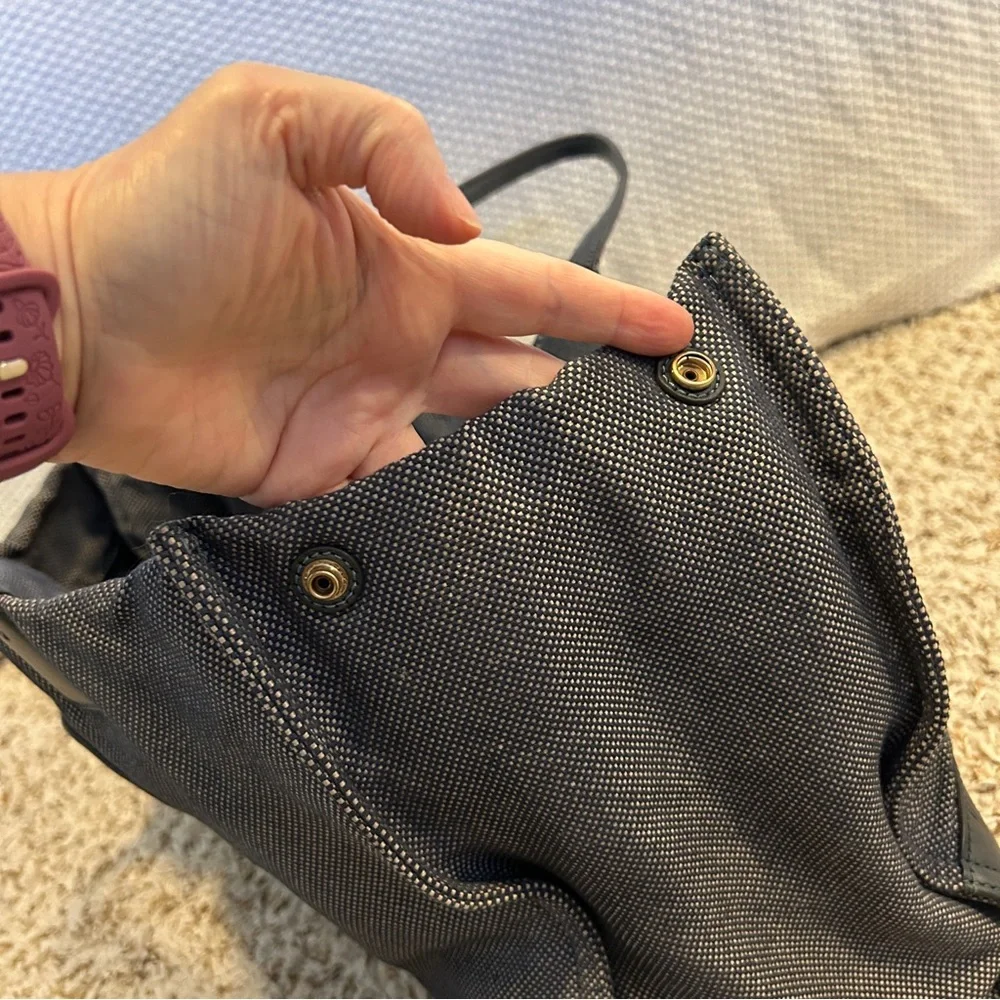 TORY BURCH Ella Two-Tone Black and Navy Textured Canvas Large Tote